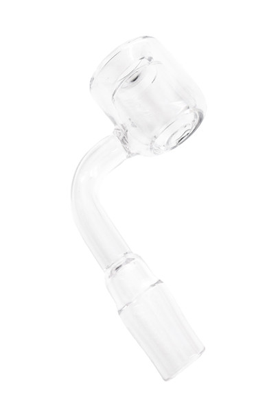90° thermal domeless quartz banger with male joint; wholesale dab rig part, double-wall bucket, angled close-up on black background. 90° thermal domeless quartz banger with male joint; wholesale dab rig part, double-wall bucket, angled close-up on black background.