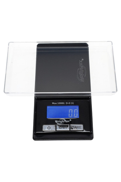 Bulk-friendly WeighMax BLG-1000 digital scale 1000 g × 0.1 g, transparent lid as tray, black body, top-down studio shot on white