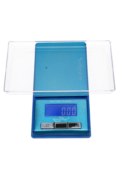 Wholesale pocket digital scale, blue WeighMax BLG-100 100 g × 0.01 g, clear protective cover, blue-lit screen, top-down photo