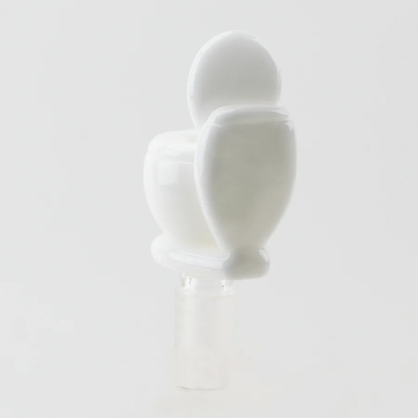 Rear view of white toilet design glass bowl, 14.5 mm male frosted joint, novelty replacement for head-shop buyers, studio gray backdrop. Rear view of white toilet design glass bowl, 14.5 mm male frosted joint, novelty replacement for head-shop buyers, studio gray backdrop.