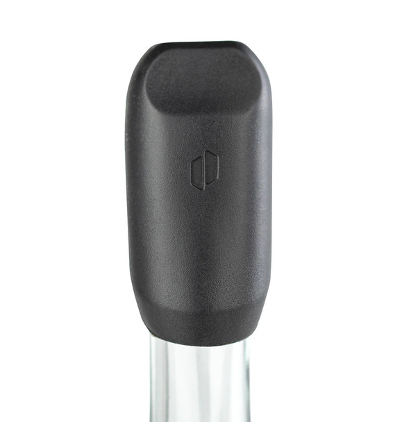 Black silicone Proxy mouthpiece cap on glass tip, close-up front angle—durable head-shop add-on for hygienic sharing and travel.