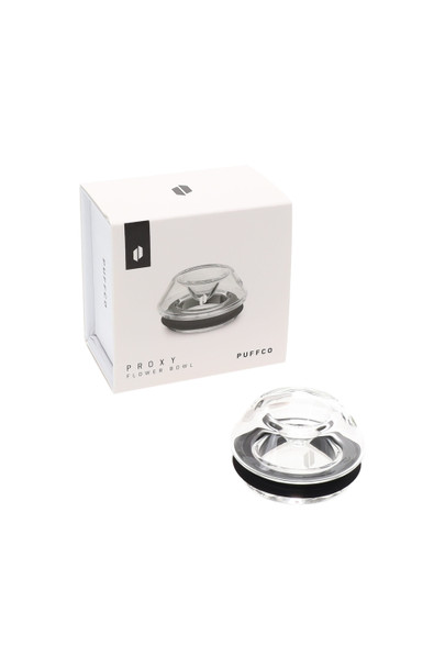 Wholesale Puffco Proxy Flower Bowl with retail box, clear glass bowl and airtight plug-in seal, front three-quarter product view on white background.
