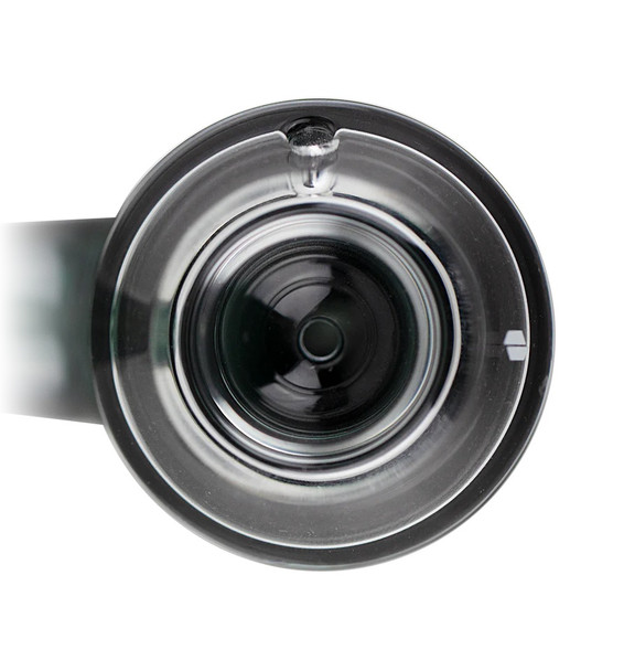 Bulk Puffco Proxy Flower Bowl installed top view, clear glass insert showing airtight plug-in seal for dry herb use, sharp macro close-up. Bulk Puffco Proxy Flower Bowl installed top view, clear glass insert showing airtight plug-in seal for dry herb use, sharp macro close-up.