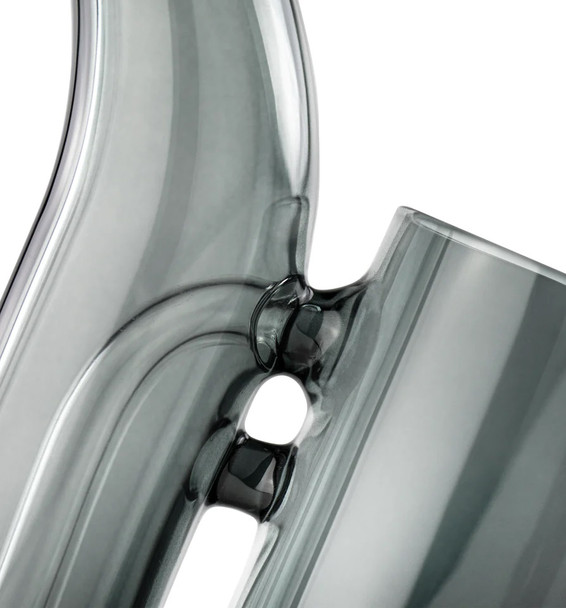 Close detail of smoke-gray glass joints and bubbler perc ports—durable wholesale Puffco Proxy water piece for smoother hits.