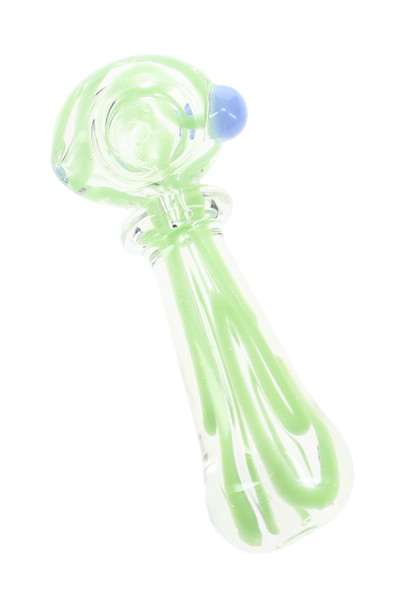 Clear glass spoon pipe with translucent green ribbon accents, blue marble carb, rounded bowl, and glass ring detail, approximately 4" long.