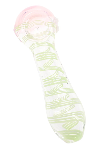 Close-up of a 4.5" clear glass spoon pipe with a pink opaque bowl, lime green swirl stripe accents, and rounded side marbles.
