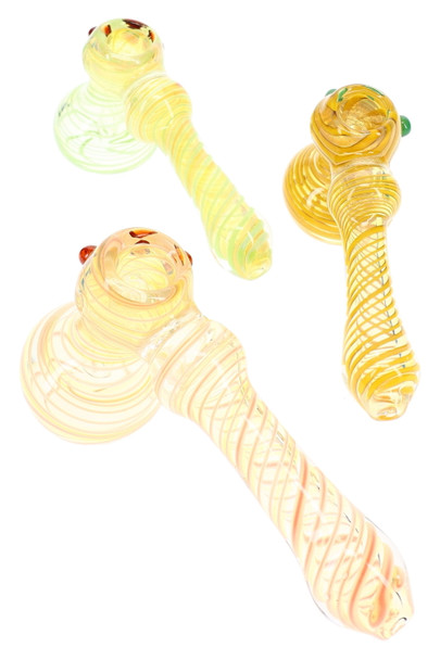 Assorted small spiral striped color-changing glass hammer bubblers shown from above for retail glass displays