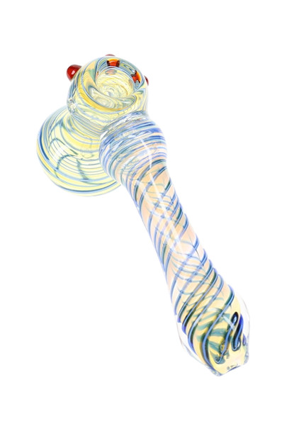 Small blue spiral striped color-changing glass hammer bubbler with round bowl and long handle