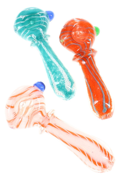 Three 4" spiral striped frit glass spoon pipes with ring accents; top-down group shot for wholesale head-shop listings in assorted colors.