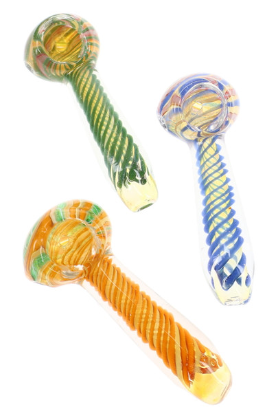 Assorted clear glass spoon pipes with colorful spiral stripe handles and multicolor swirl bowls displayed in green, blue, and orange designs