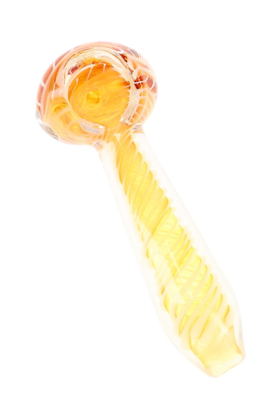 Clear glass spoon pipe with cream spiral handle and peach swirl bowl shown at an angled view with translucent amber finish