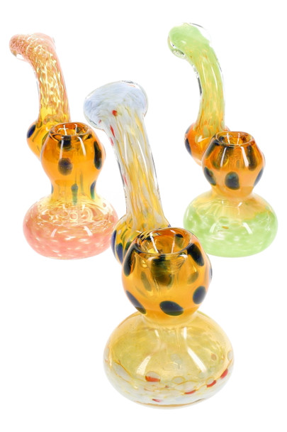 Trio of 4.5" gold-fumed frit sherlock bubblers with dotted bowls in amber, green, and pink; head-shop wholesale glass, front high-key angle.