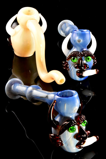Large Silver Fumed Smoking Tiki Face Glass Hammer Bubbler - B1340
