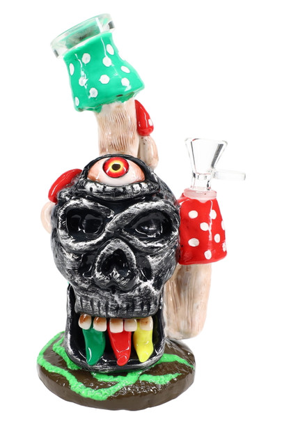 Front view of 8.5" GoG water pipe, black skull and seeing-eye, red/green mushroom accents, 14.5 mm joint; wholesale water pipe, white background.