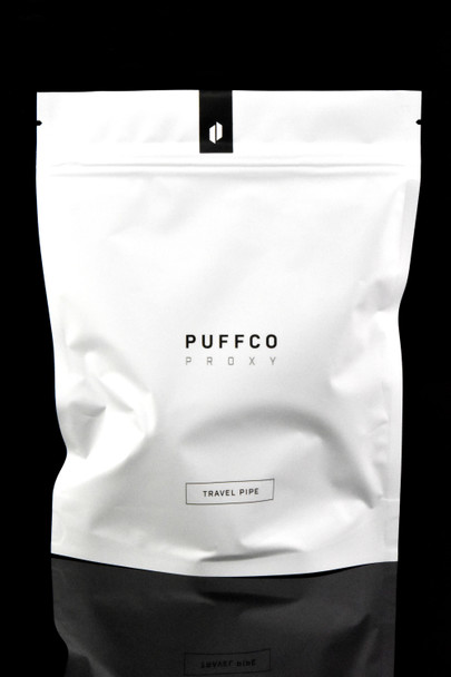 Puffco Proxy Travel Pipe retail pouch, front view on black—clean, shelf-ready packaging for head-shop buyers and wholesale displays.