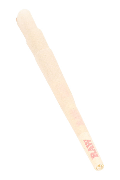 RAW Organic King Size pre-rolled cone with RAW tip; wholesale smoke-shop supply; diagonal studio close-up showing watermark pattern. RAW Organic King Size pre-rolled cone with RAW tip; wholesale smoke-shop supply; diagonal studio close-up showing watermark pattern.