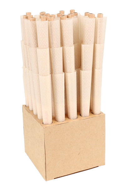 Bulk 75-count RAW Organic King Size cones in kraft insert; head-shop wholesale prep box; angled view with unwrapped cones.