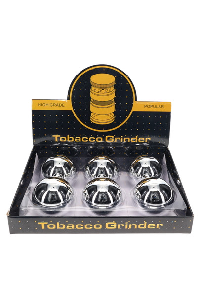 6-piece chrome sphere metal grinder display in black and gold box, retail smoke shop counter item