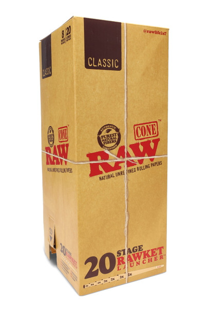 RAW 20 Stage RAWket Launcher master case, classic kraft box tied with twine; wholesale 8-pack display, front-right angle