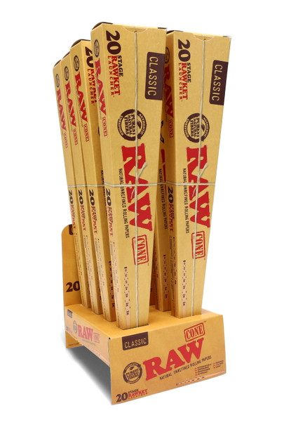 RAW 20 Stage RAWket Launcher display with 8 kraft cone packs; wholesale counter carton shown at front-left angle
