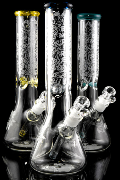 (US Made) Thick Sandblasted Glass on Glass Frosty Floral Beaker Water Pipe - WP2806