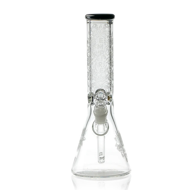 Clear 12" frosty floral beaker showing black Midnight mouth rim, ice pinch and downstem; premium wholesale glass water pipe.