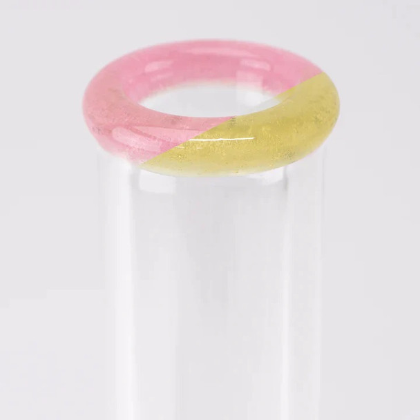 Pink and yellow dual-tone mouthpiece detail on thick glass beaker; etched floral tube for wholesale water-pipe pages.