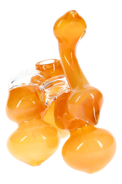 Gold-fumed triple-chamber sherlock bubbler, 7" with curved neck, orange tone; wholesale head-shop glass shown front angle on white background. Gold-fumed triple-chamber sherlock bubbler, 7" with curved neck, orange tone; wholesale head-shop glass shown front angle on white background.