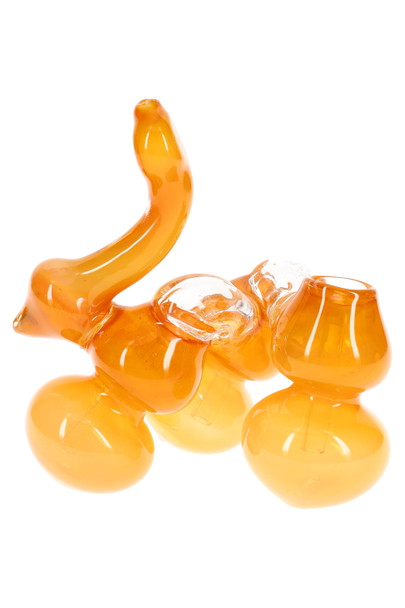 Side view of 7" gold-fumed sherlock bubbler showing three round chambers and clear bridge; retail smoke-shop showcase piece.