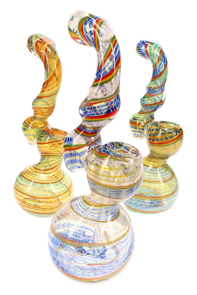 Assorted color-changing Rasta striped glass Sherlock bubblers with curved necks for retail displays