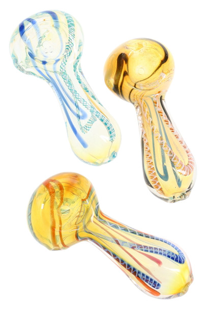 Wholesale 3-inch color-changing glass spoon pipe with mixed blue, green, and amber spiral stripes, overhead trio view on white background.
