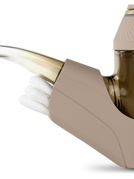 Desert-tan silicone backpack on Proxy with cotton swabs, left-side close-up—clean head-shop add-on for daily carry protection.