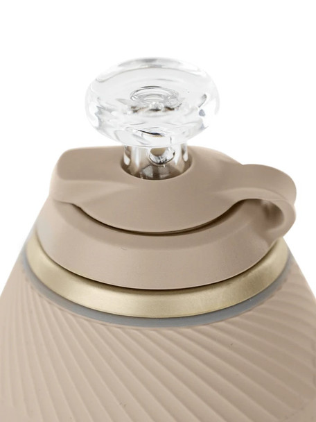 Clear ball carb cap seated on Desert silicone tether, top detail—retail smoke-shop accessory for better directional airflow.