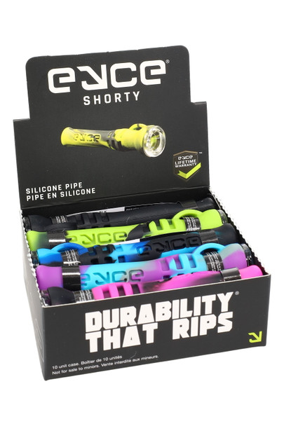Eyce Shorty counter display carton showing assorted 3.5" silicone one hitters with glass bowls; shelf-ready for retail smoke-shop sales. Eyce Shorty counter display carton showing assorted 3.5" silicone one hitters with glass bowls; shelf-ready for retail smoke-shop sales.