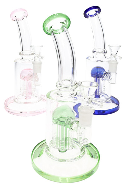 Trio of 8.5" stemless GoG straight shooters with 8-arm tree perc, green, blue, and pink accents, curved mouthpiece—clean studio angle for wholesale buyers.