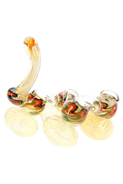 Side view of 8" gold-fumed rasta stripe quadruple-chamber sherlock bubbler, heavy glass with curved neck for wholesale smoke shops.