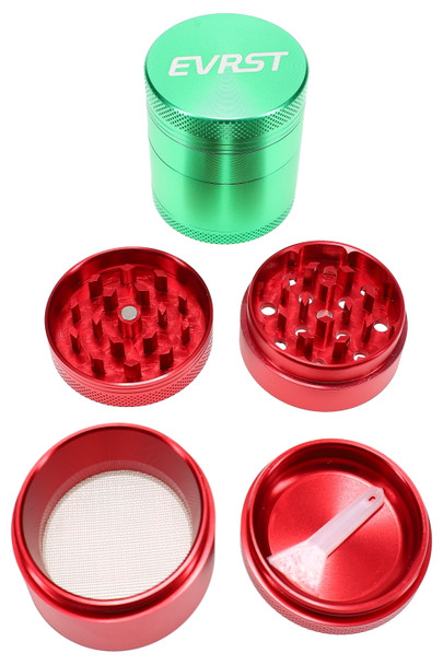 EVRST 4-part aluminum metal grinder, green lid with red internals, disassembled top-down; 1.5–2.5" size options for wholesale head shops.