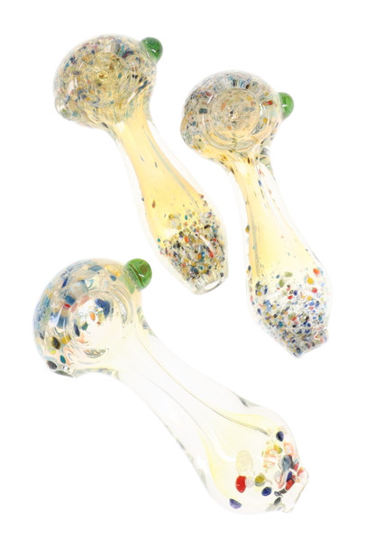 Trio of 4" silver-fumed confetti frit glass spoon pipes with green marble grips—assorted colors, angled studio shot for wholesale head-shop displays.