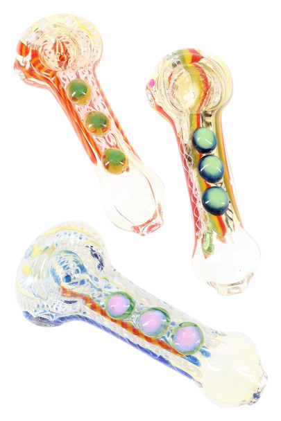 Trio of 4" color-changing striped glass spoon pipes with three raised marbles in assorted hues, angled studio view for wholesale smoke-shop buyers.