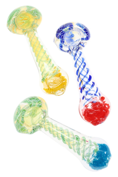 Trio of 4" pastel swirl striped clear spoon pipes with color-changing fume and frit-packed bowls in yellow, red, and blue—ideal for wholesale smoke shops.