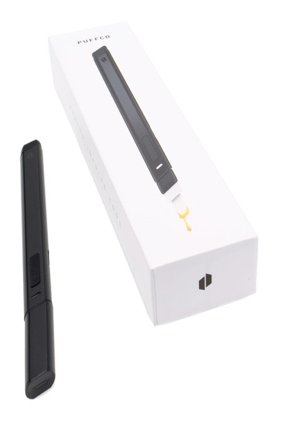 Retail-ready Puffco Hot Knife Onyx with branded box, bulk ordering display angle for smoke-shop merchandisers.