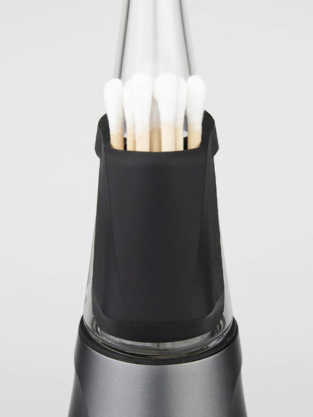 Close crop of Peak Pro chamber jacket and tether; black silicone ring on clear glass, detail shot for wholesale head-shop listings. Close crop of Peak Pro chamber jacket and tether; black silicone ring on clear glass, detail shot for wholesale head-shop listings.