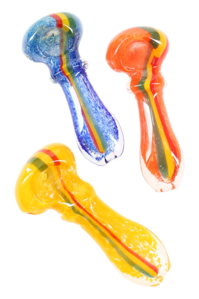 Wholesale 3-inch frit glass spoon pipes with Rasta stripe bowls, overhead trio view showing blue, orange and yellow variants.