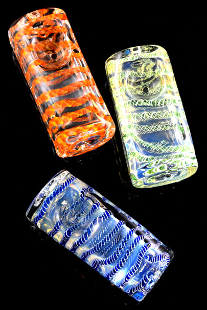 Green, red and blue striped glass square weed pipes to buy in bulk.