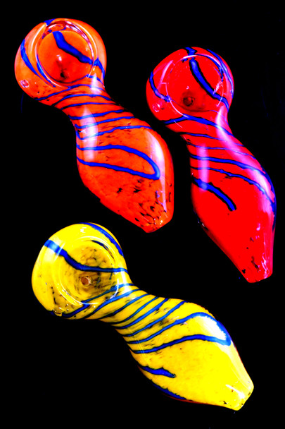 Bright frit glass pipes with stripes for head shop distribution.
