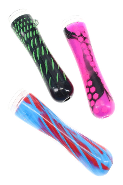 Wholesale Eyce ORAFLEX Shorty silicone one-hitters, 3.6-inch assorted designs with clear outer gloss and glass bowls, front trio product angle.