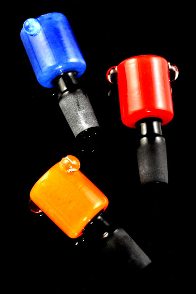 Blue, red, and orange 14.5 mm male black glass frit bowls; wholesale replacement slides on black backdrop, angled studio layout.