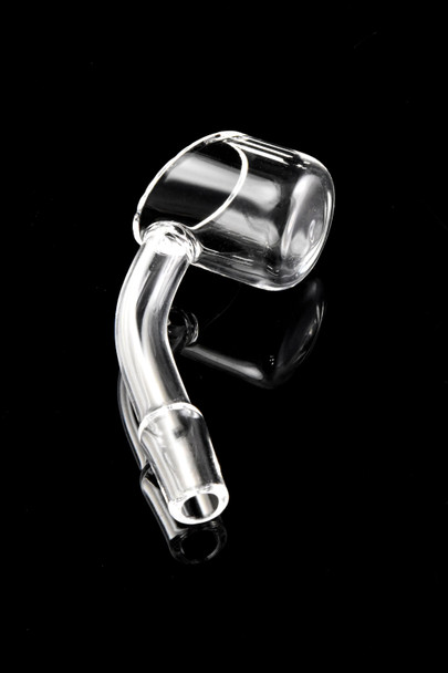 Clear 45° domeless quartz banger with 2 mm bucket and male joint, angled studio view for wholesale concentrate parts and head-shop accessory listings.