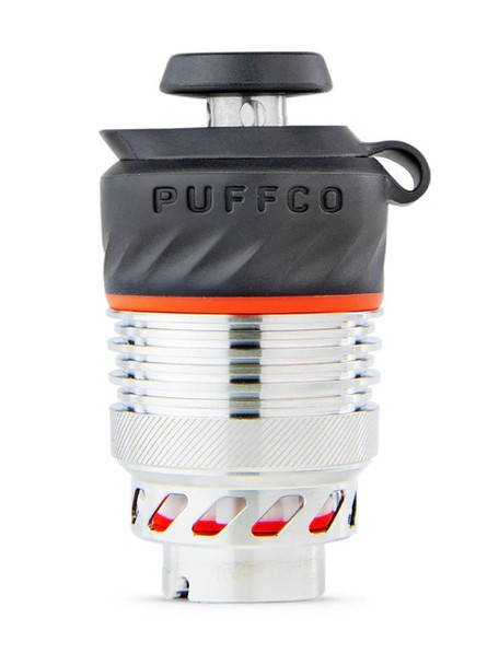 Close-up wholesale view of Puffco Peak Pro 3D XL chamber's ribbed aluminum body with silicone jacket and red heater slits.