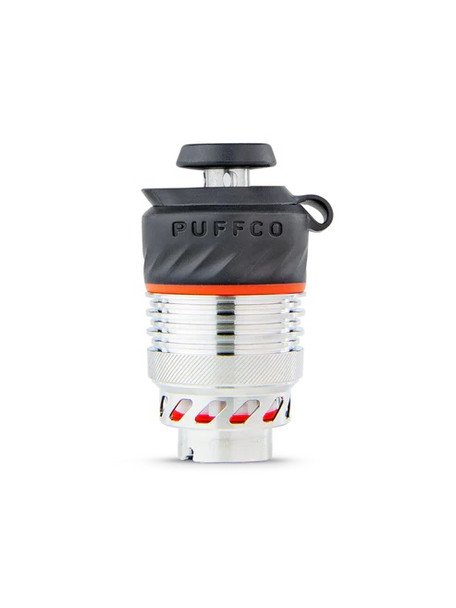 Retail smoke gear photo: frontal XL chamber for Peak Pro showcasing PUFFCO logo, orange gasket, vented airflow base.
